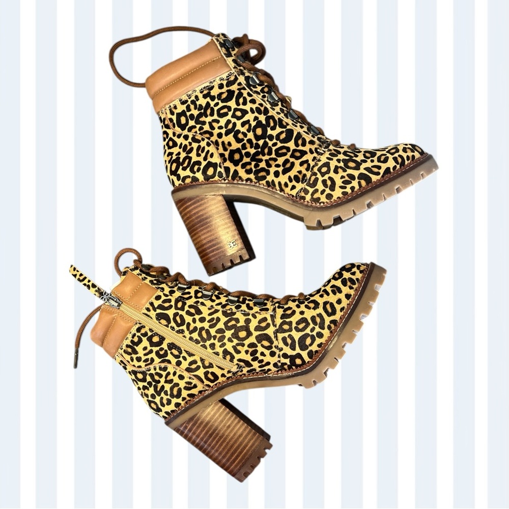 NEW • Sam Edelman Leopard Print Calf Hair Heeled Boots w/ Leather Trim • Size 9